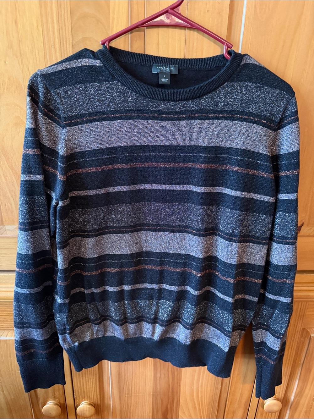 Ann Taylor Women's Sparkly Black,Gray & Copper Striped Crewneck Sweater